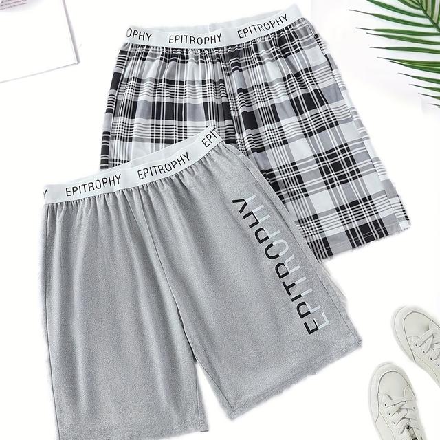 TEMU 2 Pieces Men's Trendy Letter & Plaid Print Pajama Shorts, Stylish All-match Pants, Comfy & Breathable For Summer