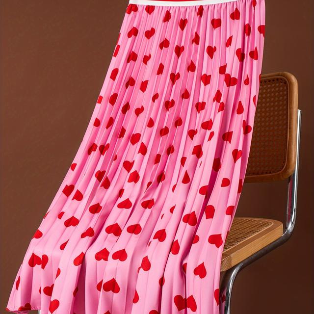 TEMU Heart Print Elastic Waist Band Skirt, Casual A-line Pleat Skirt For , Women's Clothing