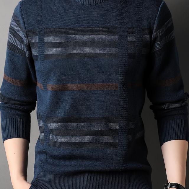 TEMU Heren Gebreide Trui met Ronde Hals, Dikke Winter Knitwear, Casual Warme Top, Gestreept Design voor Heren
