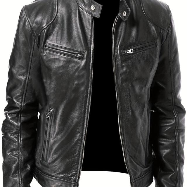 TEMU 2025 Neue Herren PU Slim Fit Motorradjacke Herren Freizeitjacke Herbst- und Winterkollektion Reißverschluss Stehkragen Tasche und Praktisch Geeignet für Freizeitkleidung