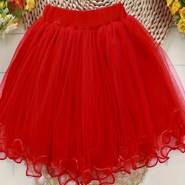 TEMU Rote Tüll-Puffrock für Mädchen, kurzer Prinzessinnenstil, lässiger - für Kinder, Frühjahrs-/Herbstmode - In verschiedenen Größen erhältlich