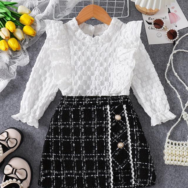 TEMU ' Fashion Lace Long Sleeve Top & Skirt Set - Polyester, Machine Washable, With Button Details, Fall/winter