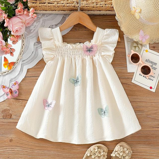 TEMU Cute Baby Girl Spring/summer Dress | Square Neck, Lantern Sleeve, Pleated Knee High Dress With Colorful Butterflies, Woven Fabric, Short Sleeve