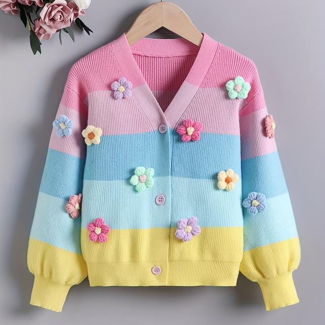 TEMU Cardigan Sweater, 's Spring And Autumn Striped Sweater, Fashionable New Style, Loose Outer Jacket, Short Knitted Top, Floral