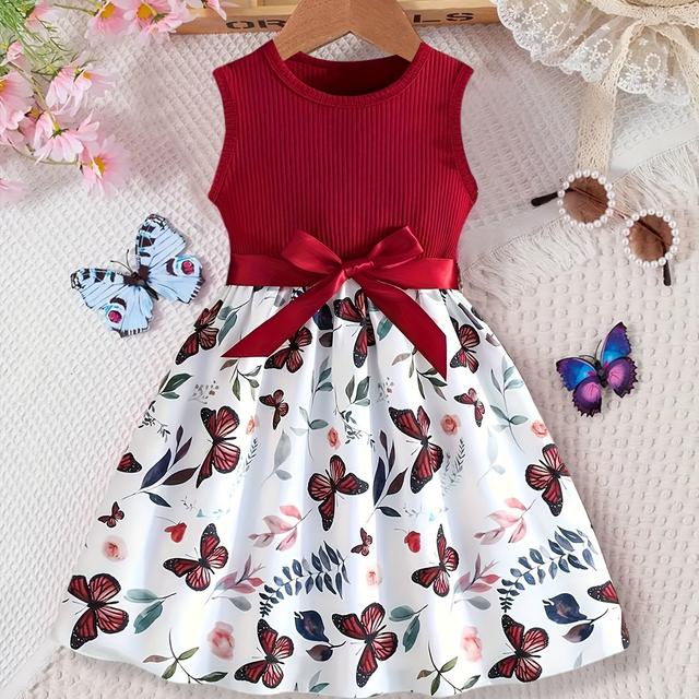 TEMU Girls Stylish & Casual Rib Knit Sleeveless Belted Butterflies Pattern Dress For