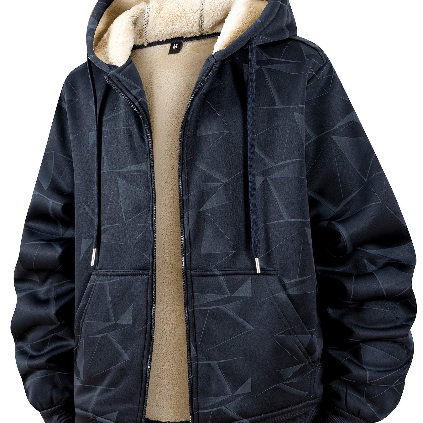 TEMU Men's Fashion Loose-fit Cardigan Hooded Jacket - Retro Classic Winter Outerwear With Fleece Lining For Warmth, Thickened Design, Triangle Gradient Pattern Accents & Details