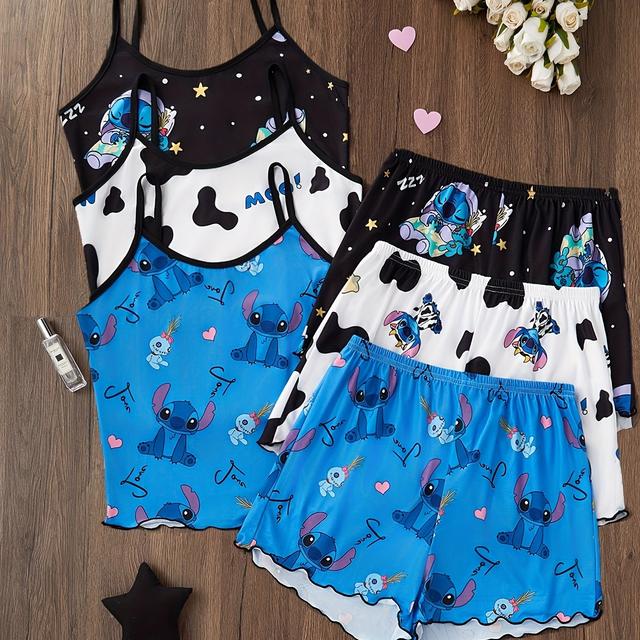 TEMU Official Stitch Pajama Set 6pcs, Teen Girl's Casual Loungewear With Cartoon Print Tank Top + Shorts, Soft Fabric, Teens, Holiday Gift, For Teenager