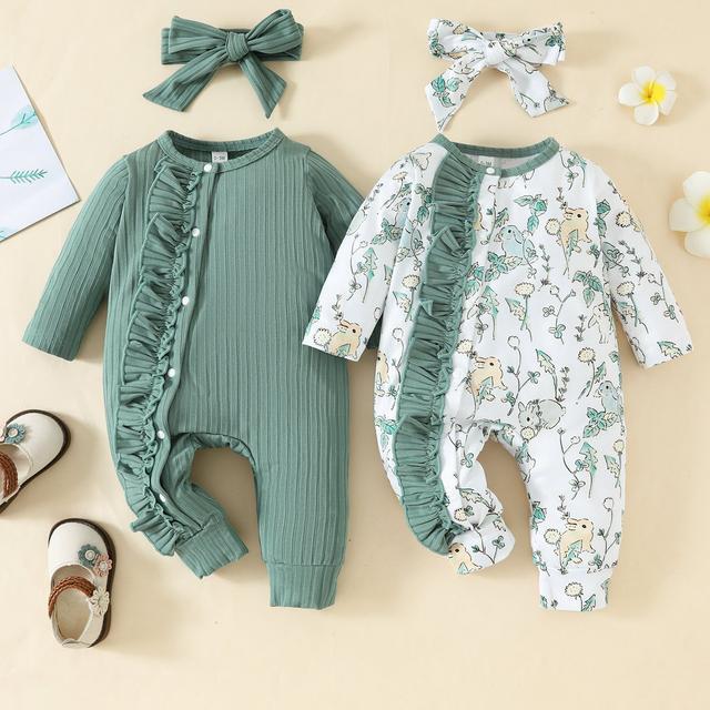 TEMU 4pcs/ Pack Newborn Baby Girl Clothes Jumpsuits Ruffle Long Sleeve 2pcs Baby Girl Rompers + 2pcs Headband Infant Outfits, For Outdoor