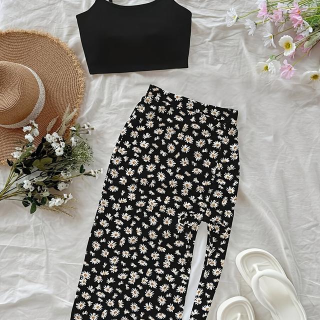 TEMU Women's Casual Vacation Crop Top And High Slit Drawstring Bodycon Skirt Set, Delicate Floral Pattern