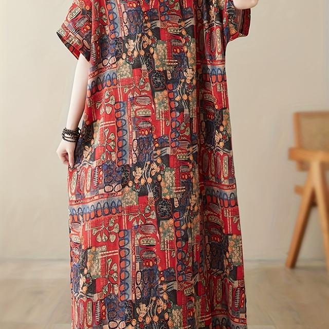TEMU Bohemian Linen Print Size Dress