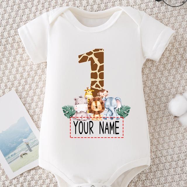 TEMU 100% Baby Onesies 1 Year Old......name Customization And Animals Leaves Cartoon Pattern Print Soft Casual Round Neck Baby Onesies, For Outdoor