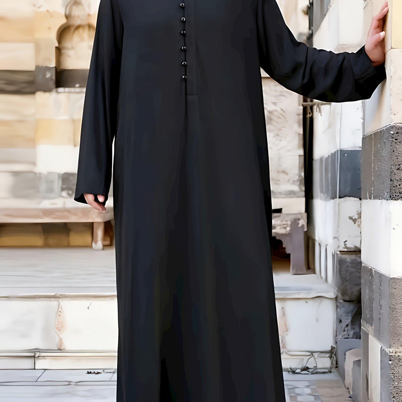 TEMU Men' Color Ethnic Collar Long Sleeve Foot Long Kaftan Robe With Henley Neck, Stylish And Chic Tops For Spring And Autumn Outdoors Wear And Formal Occasions