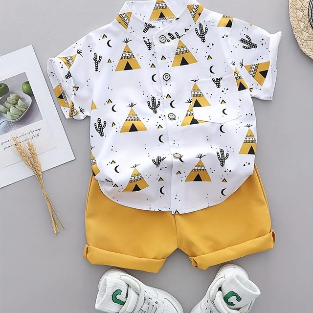TEMU Boys' Summer All- Pyramid Shirt Short Sleeve Shorts Set, Perfect For Outdoor