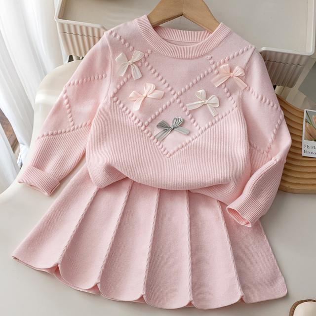 TEMU Girls' Warm Clothing Set, Knitted Sweater With Cute Bow And Pleated Skirt 2pcs Outfit Soft Comfortable For Winter