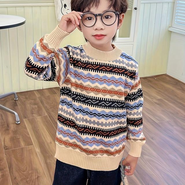 TEMU Boys' Pullover Sweater With Fleece Lining, Stylish For Spring, Autumn, And Winter.
