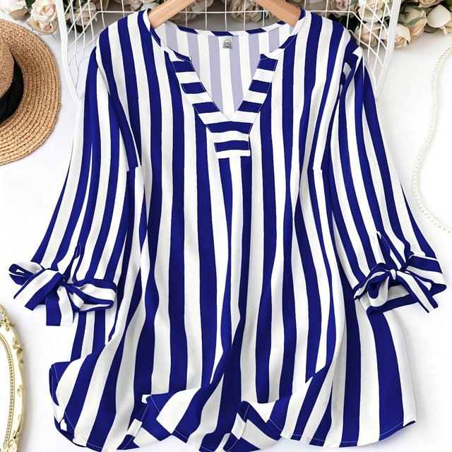 TEMU Women's Sleeveless Striped Blouse With Ruffle Detail - Light Blue And White, V-neck, Knotted Design, Spring/summer, Casual Attire, Casual Attire|striped Pattern|knotted Detail