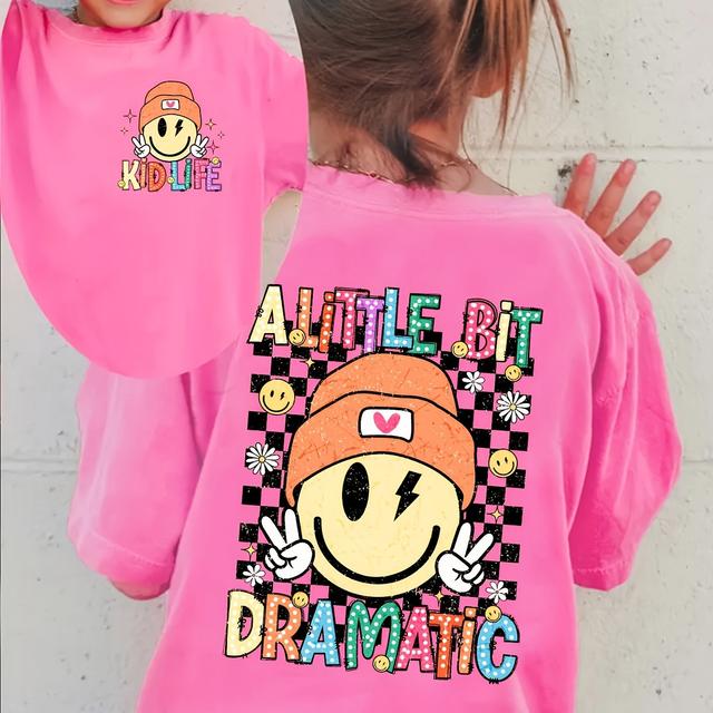 TEMU Double-sided Print Tx60174 Girls' T-shirt With A Checkerboard Pattern And A Bit Of Dramatic Flair, Featuring A Creative And Trendy Round Neck Design