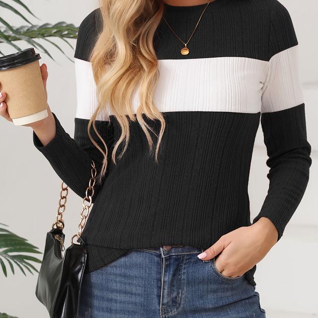 TEMU Herbst Neuankömmling Damen Langarm Color Block Slim Fit Oberteil