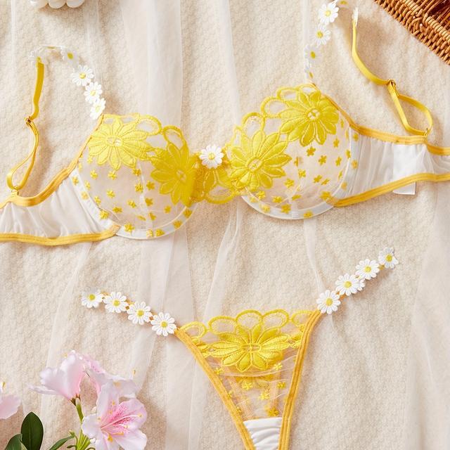 TEMU Ladies' New Daisy Floral Mesh Bra Set | , Contrast Mesh, No Padding, Hipster Panties,