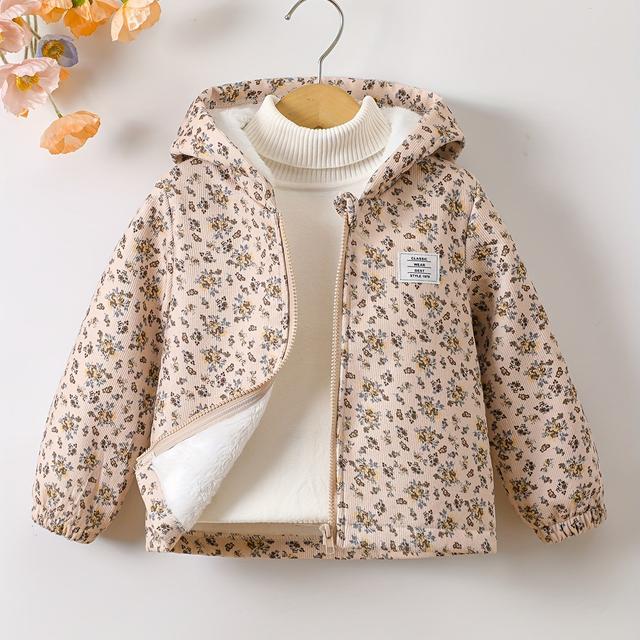 TEMU A Single Piece Of Casual Floral Print Zip-up Hoodie For Girls With Elastic Cuffs And Long Sleeves.