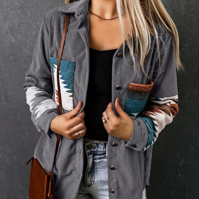 TEMU Elegante Colorblock-Kragenhemdjacke - Langarm-Polyester-Gewebe-Damen-Freizeitblazer mit farblich abgestimmten