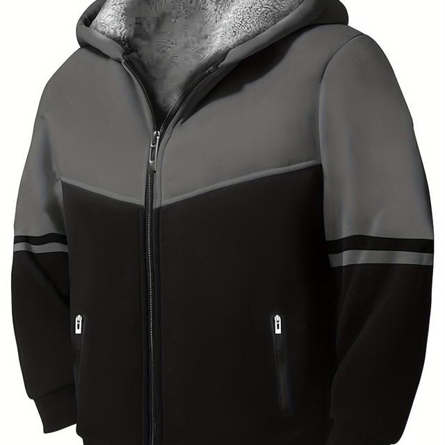 TEMU Boy's Color Block Fleece Lining Hooded Jacket, Zip Up Warm Coat With Pocket For Autumn And Winter Outdoor