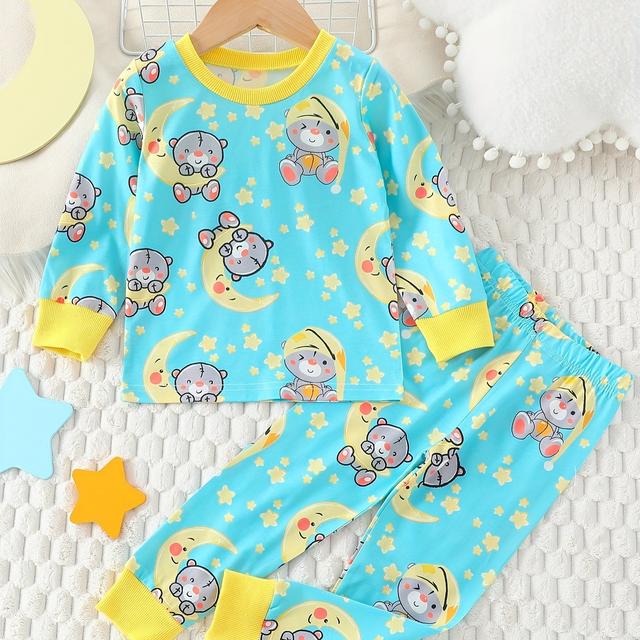 TEMU 2pcs Set Of Flame-retardant Fabric For Boys With Cartoon Bear Print, Round Neck Long-sleeved Top And Full-print Long Pants Pajama Set, Suitable For Daily And Outdoor Wear, Ideal Gift