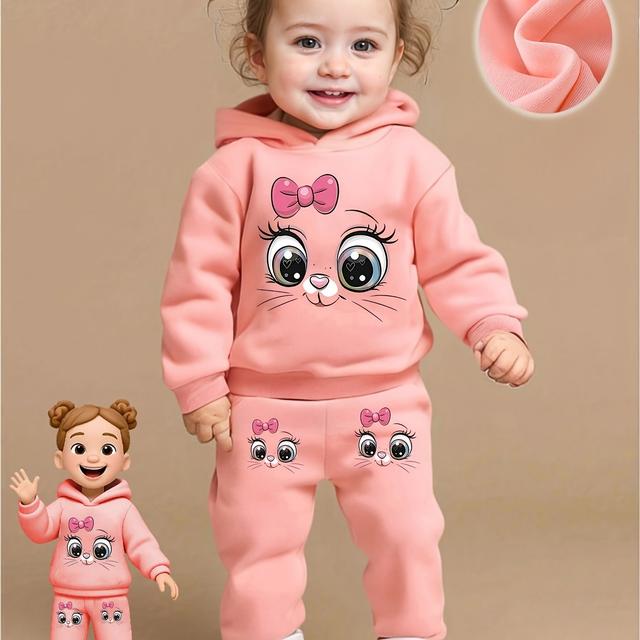 TEMU Ensemble 2 pièces pour bébé et toute-petite fille : sweat à capuche à manches longues avec motif de chat de dessin + pantalon long décontracté et simple, pour /, parfait pour l'extérieur