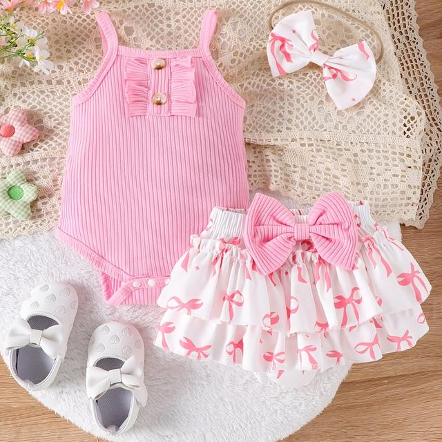 TEMU Summer New Baby Girl Sweet Suspender Triangle Romper Bowknot Short Skirt, For Outdoor