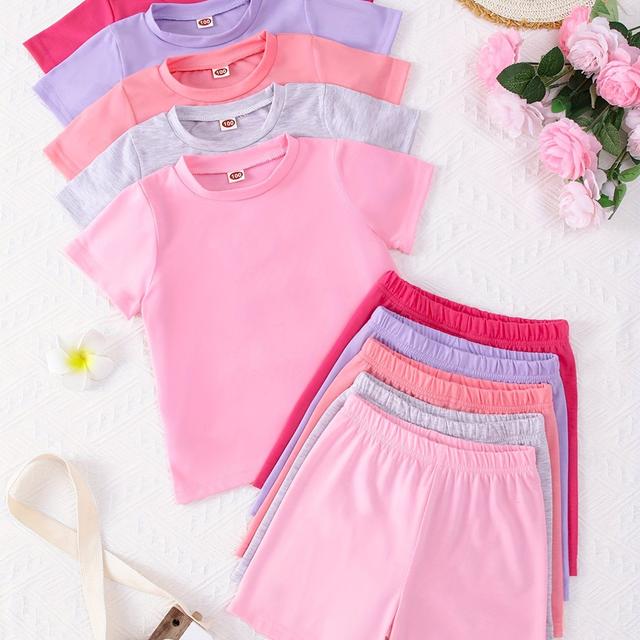 TEMU Girls 5 Sets Solid Color Short Sleeve T-shirts + Shorts Set Summer Outdoor Clothes, For Outdoor