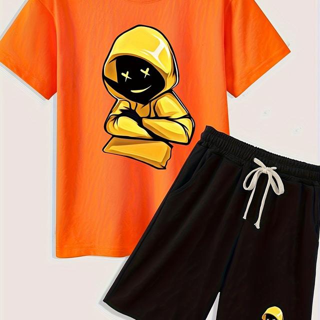 TEMU Two-piece Set For Boys, Two-piece Sweatshirt And Boy's Printed Short-sleeved T-shirt & Drawstring Sports Shorts With Round Neck Top, Casual Summer 's Clothing Teenage Street , Outdoor