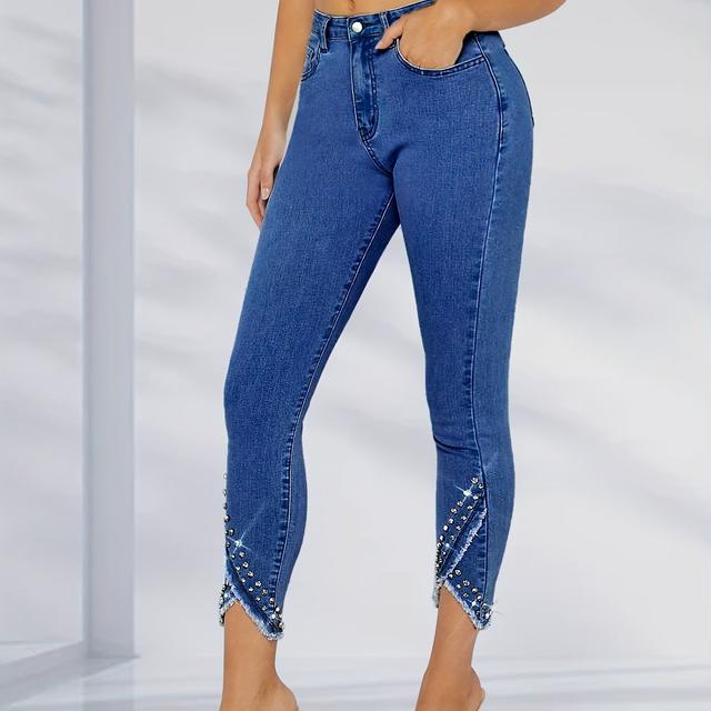 TEMU Pantalones tobilleros de mujer de 26AW, de moda, con adornos de perforaciones locales, ajuste entallado, elásticos, con dobladillo de diamante