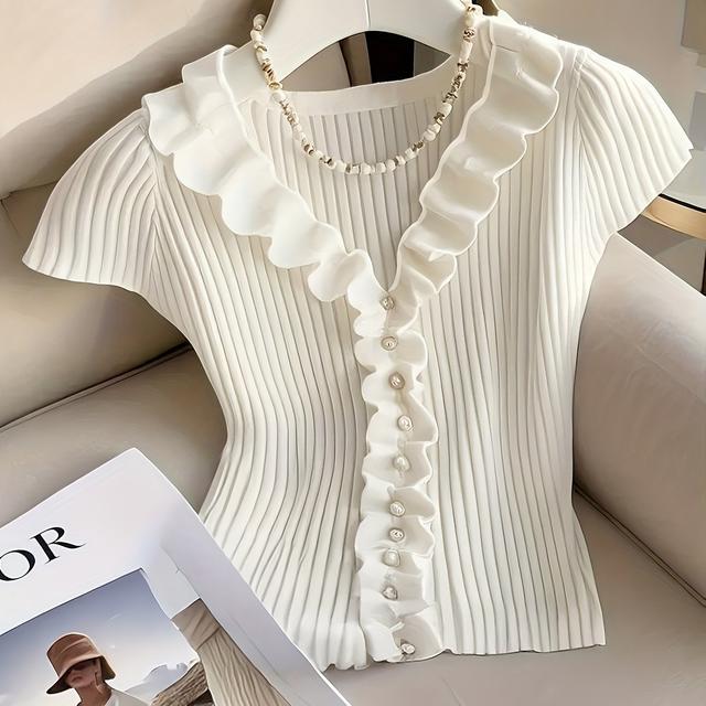 TEMU Sommerliche Damenbluse mit V-Ausschnitt und Rüschenärmeln – Dehnbarer, seidiger Slim-Fit-Oberteil mit Knopfverschluss in Unifarben für Casual & Formelle Anlässe