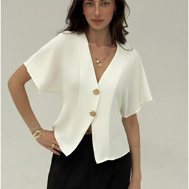 TEMU Camisa Blanca Minimalista de Murciélago con Botonadura y Abierto en Color Sólido