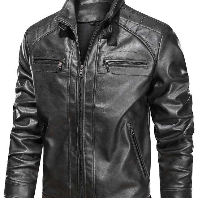 TEMU Chaqueta De Cuero Sintético Retro Casual Para Hombre, Elegante Chaqueta De Motociclista Con Cremalleras