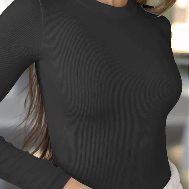 TEMU Women's Stylish Basic Long-sleeve T-shirt With A Round Neck, Made Of High-elastic Ribbed Fabric For Autumn And Winter