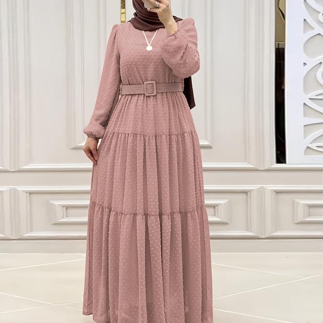 TEMU トな女性用中東風のカラーアバヤドレス、調節可能なウエストベルト付き - 長袖、流れのデザイン、全年間対応、ヘッドスカーフは含まれていません、文化的なファッション、構造的な外観