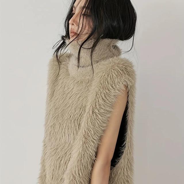 TEMU レディース ミンクファースリーブレスセーターベスト - ハイネックカラー、厚手の冬用レイヤードジャケット、ソフトなン/ナイロンブレンドコート、ベージュ/ブラウン、手洗い可能、秋と寒い天候に適した万能アウター