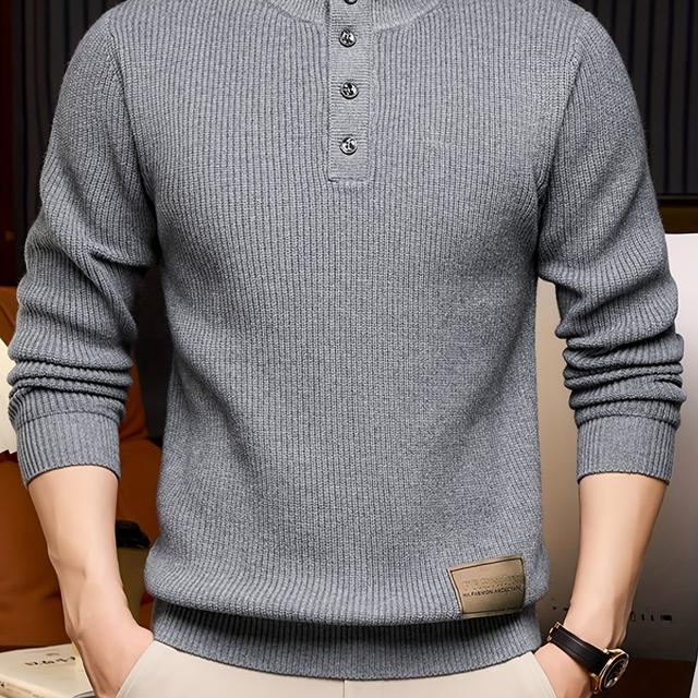 TEMU 남성 솔리드 컬러 니트 골지 하프-하이 라운드넥 버튼 캐주얼 두꺼운 스웨터 (가을/겨울)