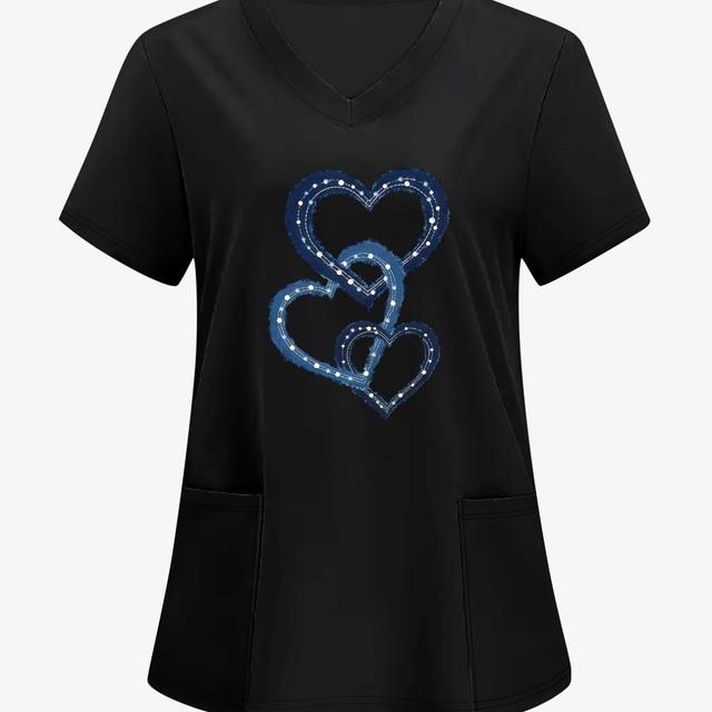 TEMU Camiseta de Mujer con Cuello en V y Estampado de de Pareja "Cowboy Love", y Cómoda, Mezcla Ligera, Lavable a Máquina, Ideal para Uso Diario y Vacaciones, Top Elástico con Bolsillos