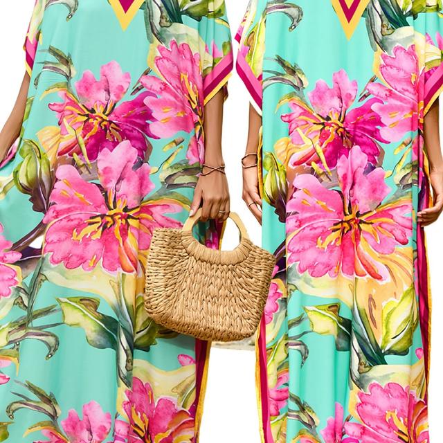 TEMU Bohemian Beach Cover-up Robe - Loose Size Floral Print Long Sleeve Swimsuit Cover With Slit Detail, Machine Washable Lightweight Dress For Poolside & Vacation, Bathing Suit