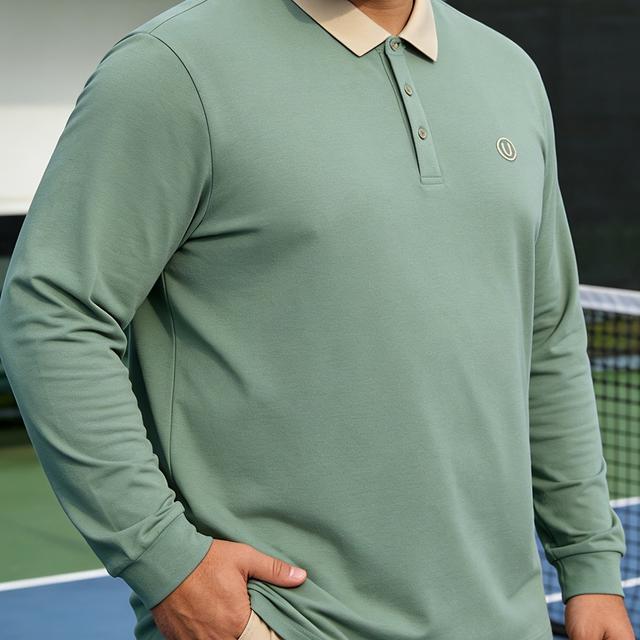 TEMU Herren Polo Shirt in großen Größen mit langen Ärmeln, Kragen mit aufgesticktem Logo, aus 100% Strickstoff, reguläre Passform, geeignet für die Herbstkollektion.