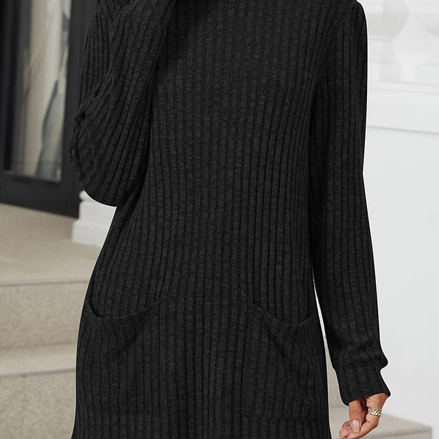 TEMU 1pc Elegant Plus Size High Neck Long Sleeve Top With Pockets - Polyester Knit Fabric, Slight Stretch, Solid Color, Regular Sleeves For