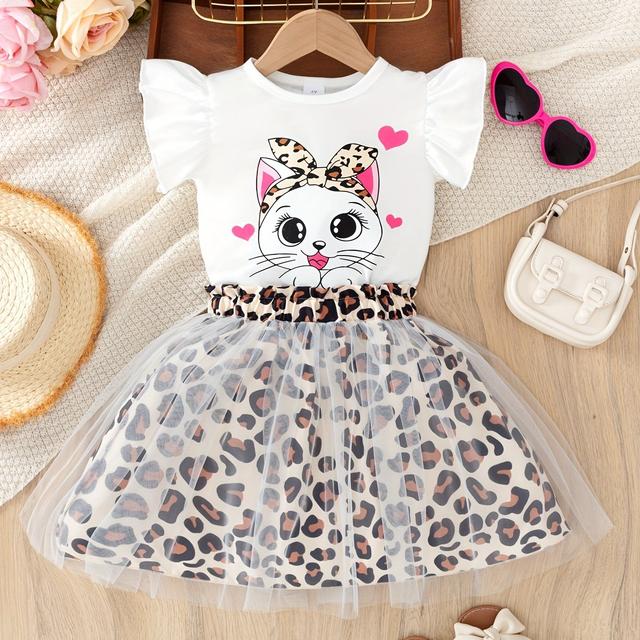 TEMU Young Girl Two-piece Set Fashionable Casual Cute Cat Print Ruffle Sleeve Round Neck Knit Top With Elastic Waist Mesh Leopard Print Skirt Outfit For Everyday Home And Outdoor Summer Wear, Outdoor