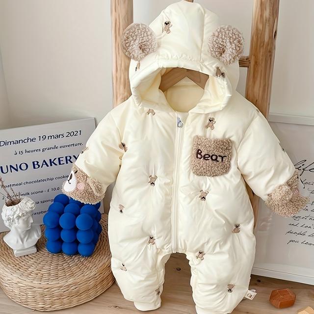 TEMU Baby Winterkleidung mit Kapuze, Unisex, wunderschöne kleine Bärenstickerei, kontrastierendes Farbdesign, niedlich und super süß, verdickte und fleecegefütterte Jacke