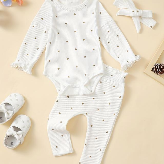 TEMU E2459 Baby Girl Pit Strip Print Small Love Heart Long Sleeve + Pit Strip Long Pants + Headscarf Three-piece Set, For Outdoor