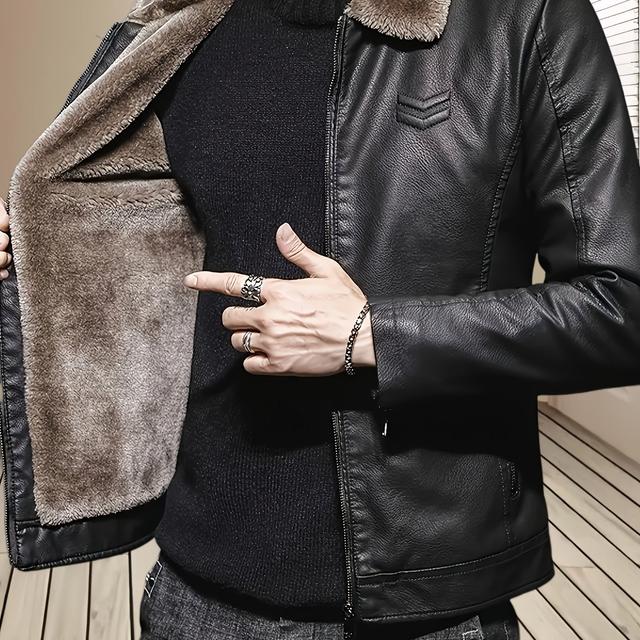 TEMU Heren Retro Werkjas met Fleecevoering - PU Winter Warme Kraag met Rits, Zware Buitenjas voor Koud Weer, Casual Buiten Winterkleding ( Pasvorm)