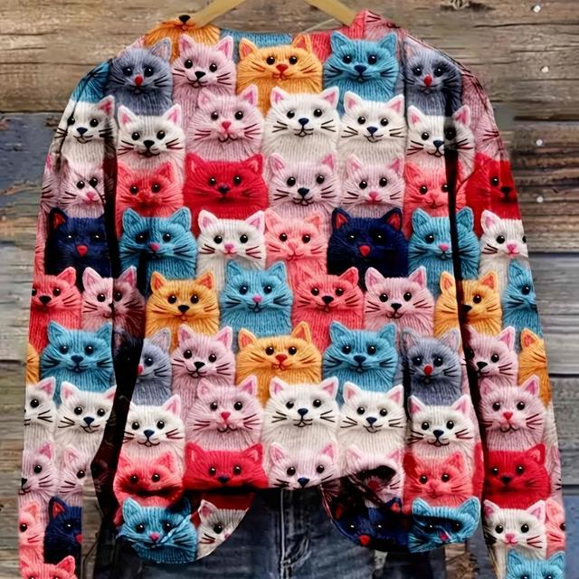 TEMU Cat Pattern Crew Neck Sweater, Casual Long Sleeve Sweater For Fall & Winter, Women's Clothing