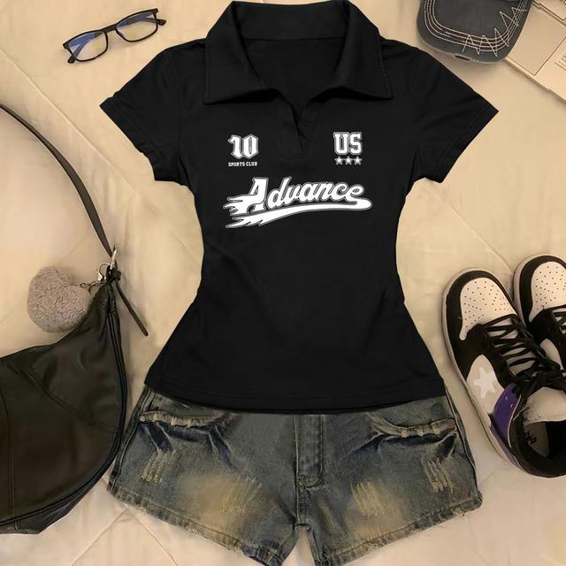 TEMU Nuevo para 2026, Conjuntos Y2K Picantes Dulces y Frescos, Polo de Mujer con un Diseño de Cuello en V Pequeño, Corte Entallado