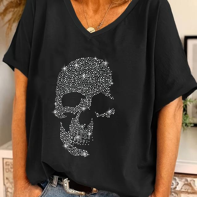 TEMU Tamanho Grande - T-Shirt Casual Elegante Plus Size com Padrão de Caveira em Strass, Decote em V e Curtas em Asa de , Ideal para Usar o Ano Inteiro